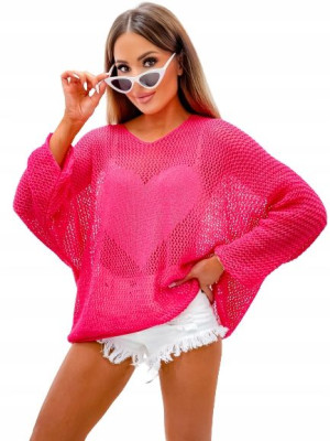 Over Size Sweter z Sercem z Przodu-Fuksja