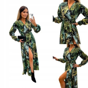 Sukienka zielona maxi JUNGLE w liście z rozcięciem