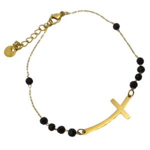 Złota Bransoletka Krzyż z Koralikami Beads i Łańcuszkiem Stal chirurgiczna
