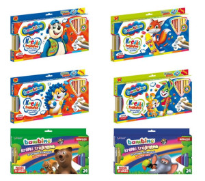 Kredki trójkątne w oprawie drewnianej + temperóka, 24 kolory BAMBINO