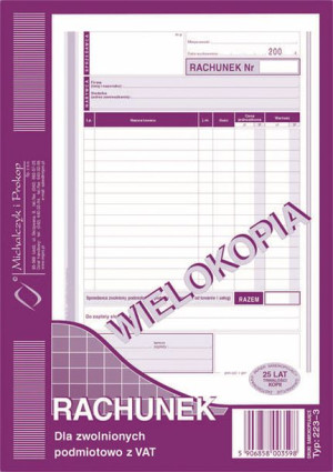 Rachunek A5 Dla Zwolnionych Podmiotowo Z Vat 223-3
