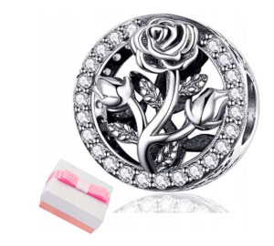 Srebrny Charms Róża 925 Beads Kwiatek Grawer