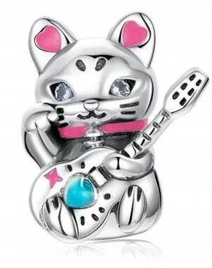 Srebrny Chamrs Kot Z Gitarą Beads Grawer