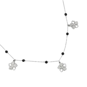 SREBRNY Naszyjnik koniczynka i czarne koraliki beads Stal Szlachetna