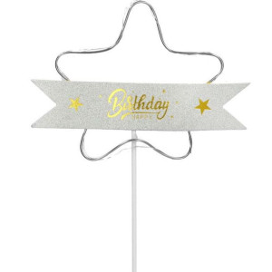 Topper Dekoracja Gwiazda Srebrna Happy Birthday Led 17cm