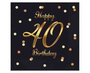 Serwetki Happy 40 Birthday Czarne Nadruk Złoty 33x33cm 20szt