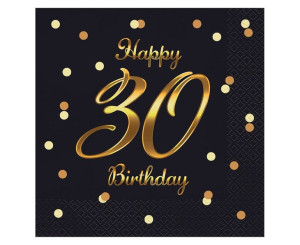 Serwetki Happy 30 Birthday Czarne Nadruk Złoty 33x33cm 20szt