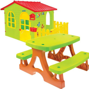 Mochtoys Duży Domek ogrodowy z płotkiem i tablicą do malowania + Stolik