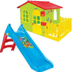 Mochtoys Duży Domek ogrodowy z płotkiem i tablicą do malowania + Zjeżdżalni