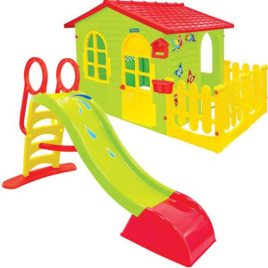 Mochtoys Duży Domek ogrodowy z płotkiem i tablicą do malowania + Zjeżdżalni