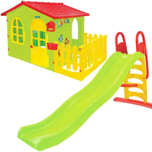 Mochtoys Duży Domek ogrodowy z płotkiem i tablicą do malowania + Zjeżdżalni