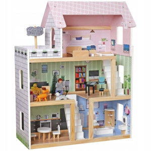 Domek dla lalek drewniany Led 62x27x77 cm + 3 lal