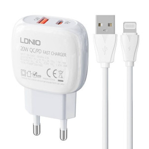 Ładowarka sieciowa LDNIO A2313C USB-A, USB-C 20W + kabel USB-A/Lightning