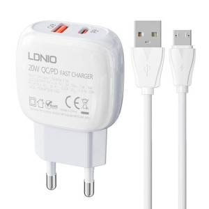 Ładowarka sieciowa LDNIO A2313C USB-A, USB-C 20W + kabel microUSB