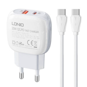 Ładowarka sieciowa LDNIO A2313C USB-A, USB-C 20W + kabel USB-C/USB-C