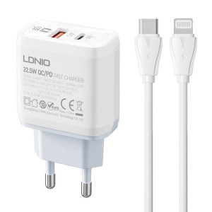 Ładowarka sieciowa LDNIO A2421C USB-A, USB-C 22.5W + kabel USB-C/Lightning