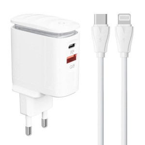 Ładowarka sieciowa LDNIO A2423C USB-A, USB-C + kabel USB-C/Lightning
