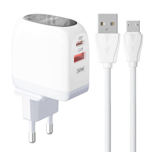 Ładowarka sieciowa LDNIO A2522C USB-A, USB-C 30W + kabel microUSB