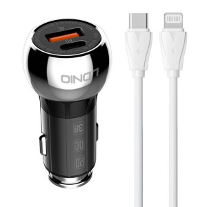 Ładowarka samochodowa LDNIO C1 USB-A, USB-C + kabel USB-C/Lightning