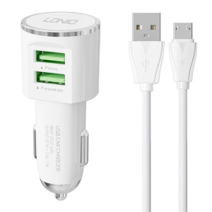 Ładowarka samochodowa LDNIO DL-C29, 2x USB, 3.4A + kabel microUSB (biała)