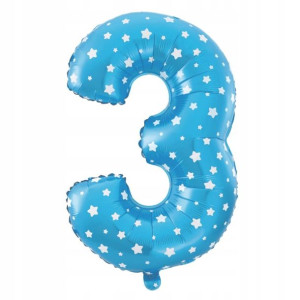 Balon 3 Cyfra Trzy Niebieski Gwiazdki Urodziny