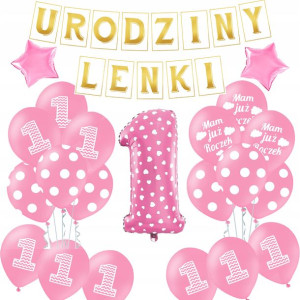 Zestaw Balonów Na Roczek Różowy Baner + Imię 01