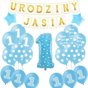 Zestaw Balonów Na Roczek Niebieski Baner + Imię 02