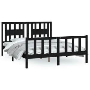 Rama łóżka z wezgłowiem, czarna, drewno sosnowe, 150x200 cm