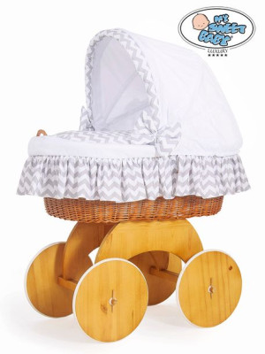 Kosz Mojżesza z budką Hannah naturalny + biało-szara pościel