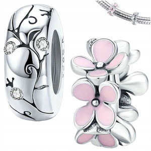CHARMS Zestaw KWIATY + STOPER srebro pr 925 2szt