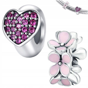 CHARMS Zestaw KWIATY + STOPER srebro pr 925 2szt