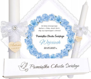 Szatka świeca na CHRZEST Szafir pudełko BOHO CZ