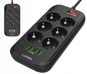 Listwa zasilająca 6 Gniazd + 4x USB Przedłużacz