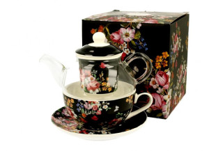 Filiżanka ze szklanym dzbankiem VINTAGE FLOWERS - BLACK