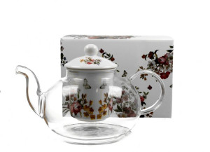 Szklany dzbanek z zaparzaczem 1000ml VINTAGE FLOWERS - WHITE