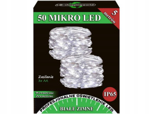 Lampki Druciki Mikro 50 Led Białe Zimne Na Baterie