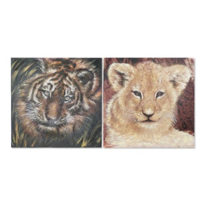 Obraz DKD Home Decor Lew 100 x 3 x 100 cm Kolonialny (2 Sztuk)