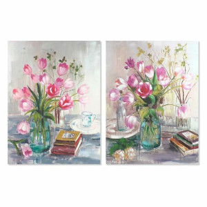 Obraz DKD Home Decor 90 x 2,5 x 120 cm Wazon Kvety Shabby Chic (2 Sztuk)