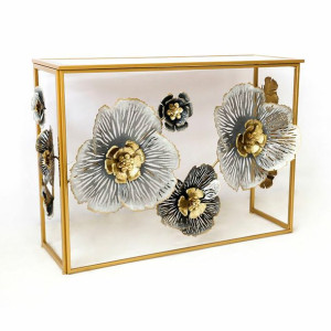 Konsola DKD Home Decor Lustro Szary Złoty Metal Kvety (15.6 x 46.4 x 80 cm)
