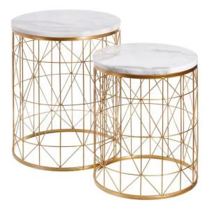 Stolik 43 x 43 x 52 cm Złoty Metal Biały Marmur (2 Sztuk)