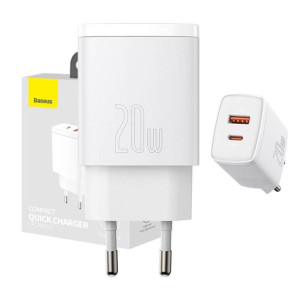 Ładowarka Sieciowa Baseus Compact Quick Charger, Usb, Usb-C, 20W (Biała)