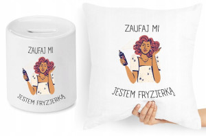Dla Fryzjera Fryzjerki Zestaw Poduszka + Skarbonka