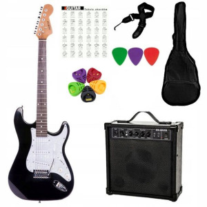 Gitara elektryczna PRESTON z akcesoriami + wzmacniacz - czarna