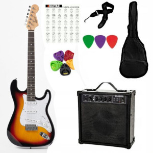 Gitara elektryczna PRESTON z akcesoriami + wzmacniacz - podpalana