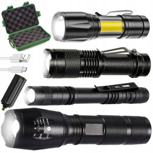 Latarka 4 X Zestaw Led Taktyczna +etui + Ładowarka