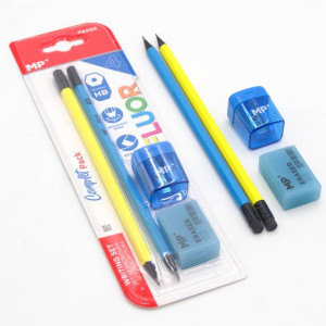Zestaw dwóch ołówków gumka i temperówka fluor