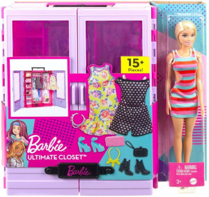 Zestaw Barbie szafa na ubranka z lalką + 15 akcesoriów