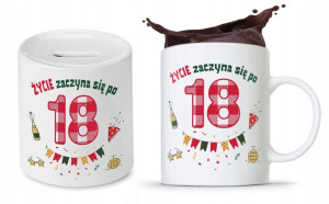 Na Urodziny 18 18te 18-te Zestaw Skarbonka + Kubek