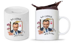 Zestaw Andrzej Duda Pis Prezent Kubek + Skarbonka