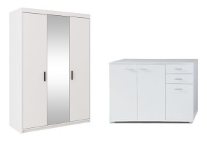 Zestaw MEBLI MIRA SZAFA 130 z Lustrem + KOMODA  BIAŁY